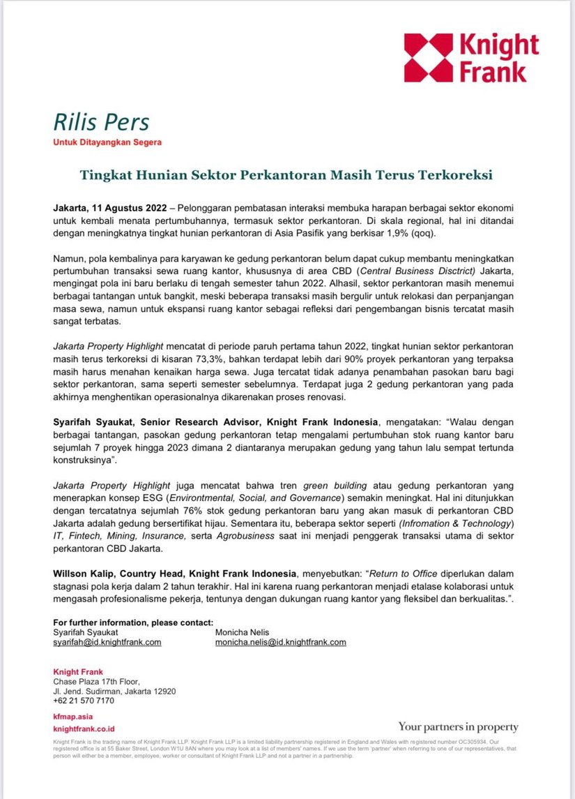 Rilis Pers - Tingkat Hunian Sektor Perkantoran Masih Terus Terkoreksi | KF Map Indonesia Property, Infrastructure
